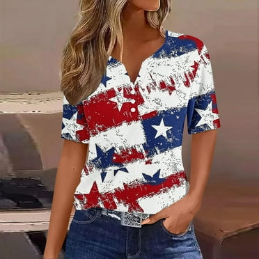 Cavosen Red White and Blue Shirts for Women Petite Red White and Blue Short Sleeve V Neck T Shirts American Flag Graphic Tops Lady XL Patriotic Casual T Shirts Independence Day Tunic Tees