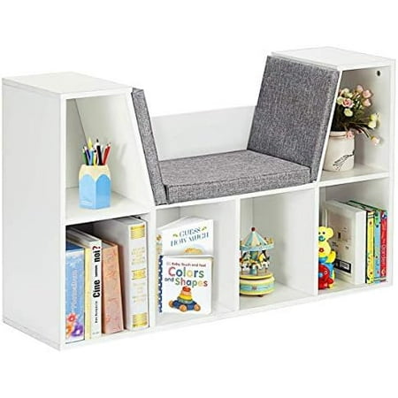 

GEROBOOM 6-Cubby Bookcase w/Cushioned Reading Nook Multi Purpose Organizer Cabinet with Soft Cushion and Thick Wood Board for Children Girls & Boys Bedroom Decor Room (Modern Whit