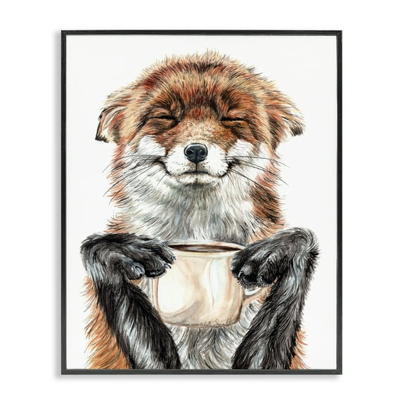 Stupell Industries Happy Fox with Coffee Animals Painting Black Framed Art Print Wall Art, 14 x 11