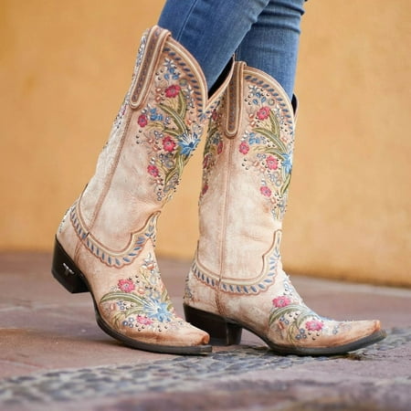 

Egmy Style Embroidered Flower Ethnic Thick-Heeled Mid-Heel High-Tube Sleeve Women Boots