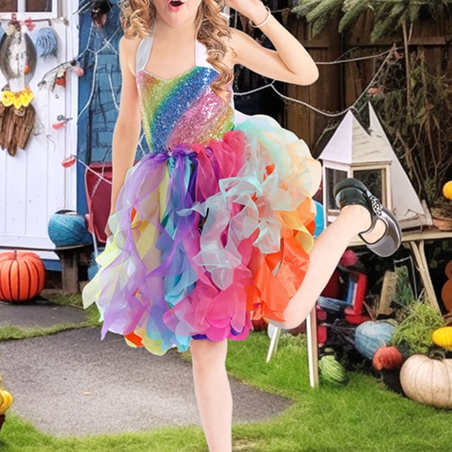 Odeerbi Niñas Verano Sparkly Lentejuelas Princesa Vestido Tul Tiered Vestido Fiesta Satén Halter Vestido Vestido Sin Mangas