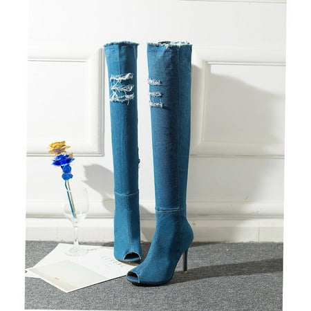 

Juebong Boots on Sale Womens Fish Mouth Long Tall Wide Mid Calf Boots Slim Stovepipe Stretch Western Sandals