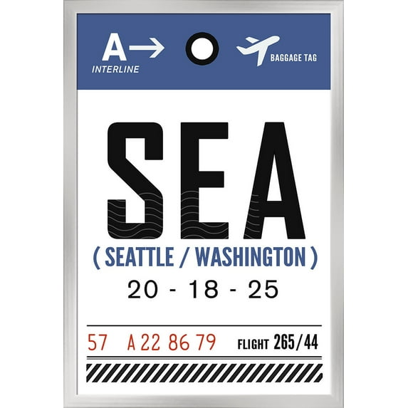 Seattle, Washington - SEA - Luggage Tag - Lantern Press Artwork (24x36 Giclee Art Print, Gallery Framed, Silver Wood)