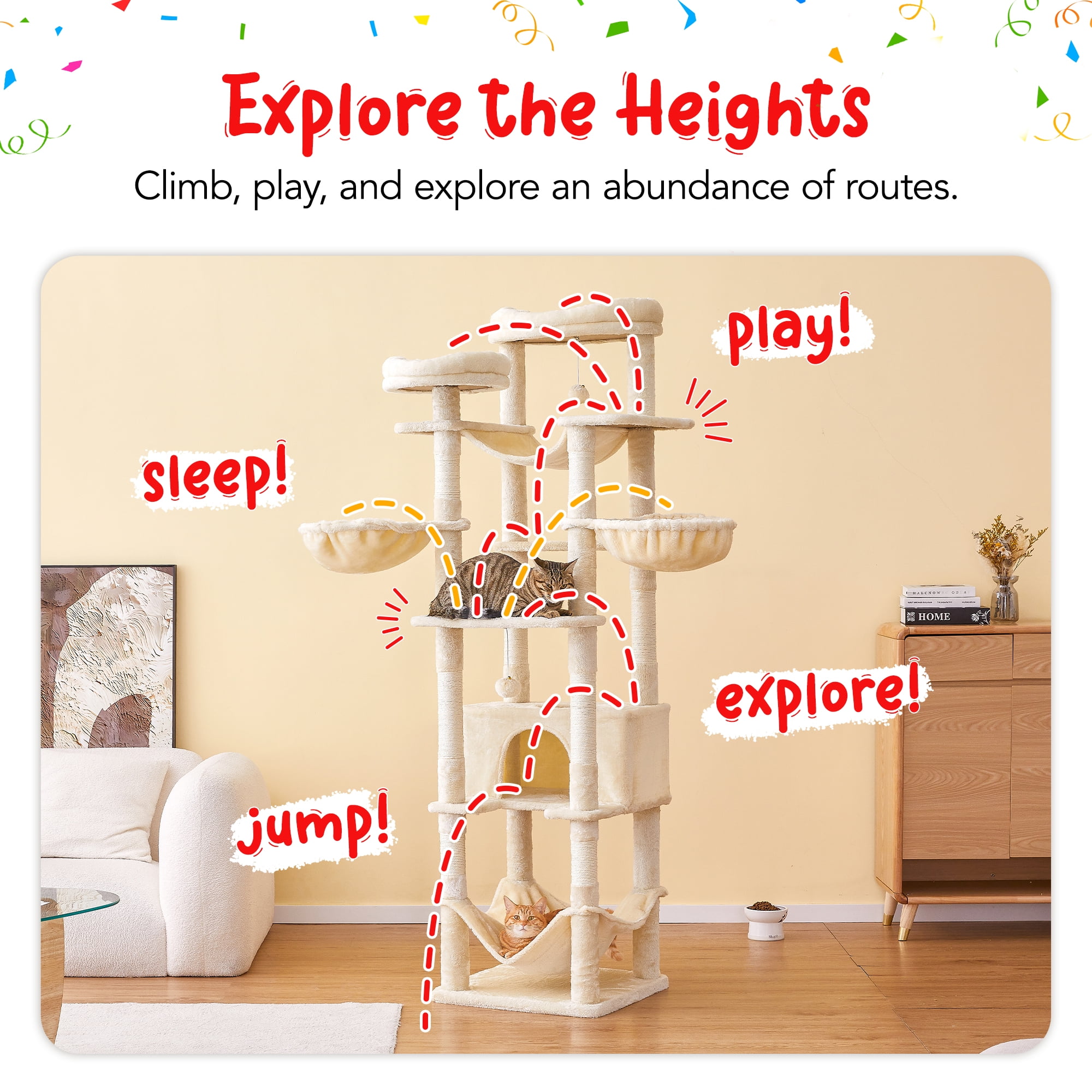 Furcato 77-Inch Cat Tree for Indoor Cats, Multi-Level Large Cat Tower with 4 Hammocks, 2 Padded Perches, Large Cat Condo, Beige
