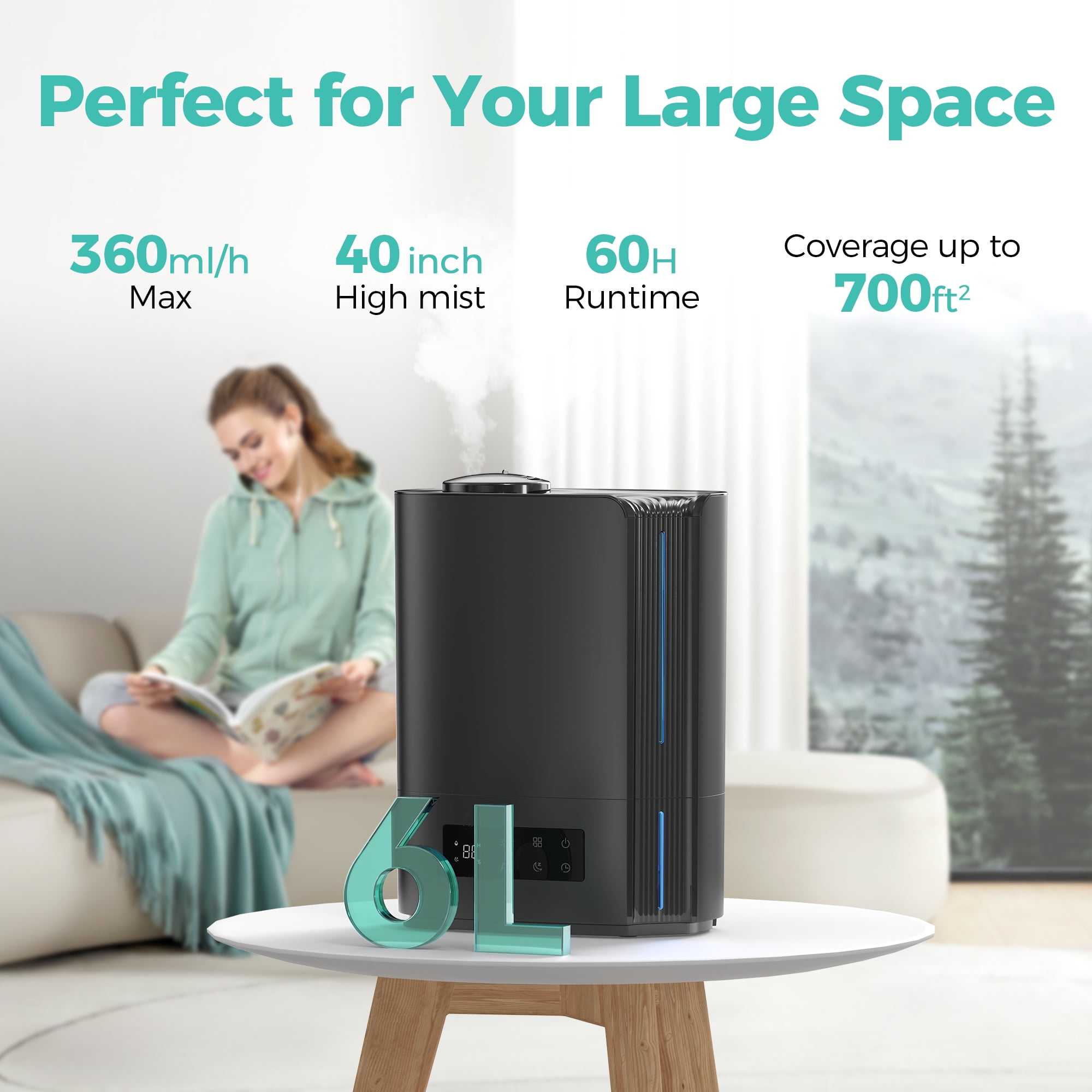 KLOUDIC Top-Fill 6L Cool Mist Large Humidifier for Home Air Vaporizer with Humidistat and Timer