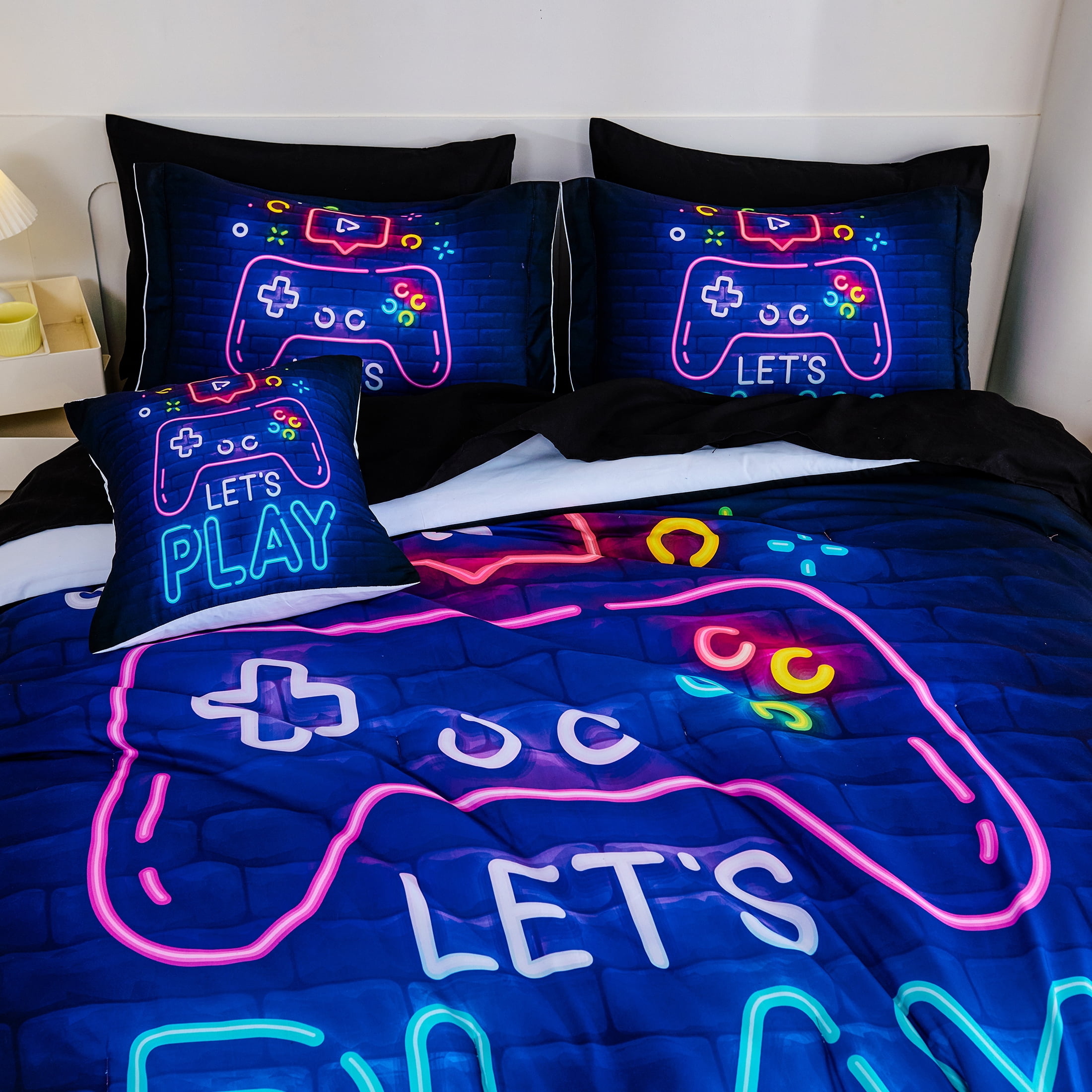 Koniroom 6 Pieces Neon Gamer Comforter Set Twin Size for Boys, Kids Bedroom Decor Soft Gaming Bedding, Video Game Controller Design Bed Set, Black Purple