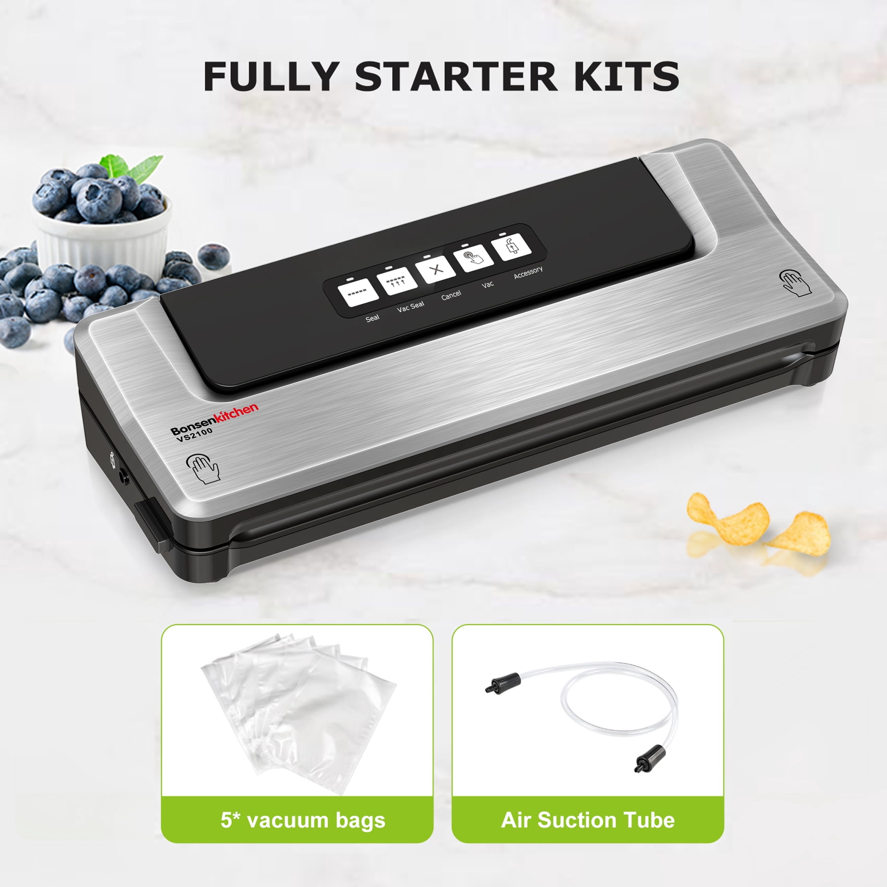 Bonsenkitchen Food Vacuum Sealer Machine with 5 bags, -60Kpa Vacuum Sealer Food Storage Saver