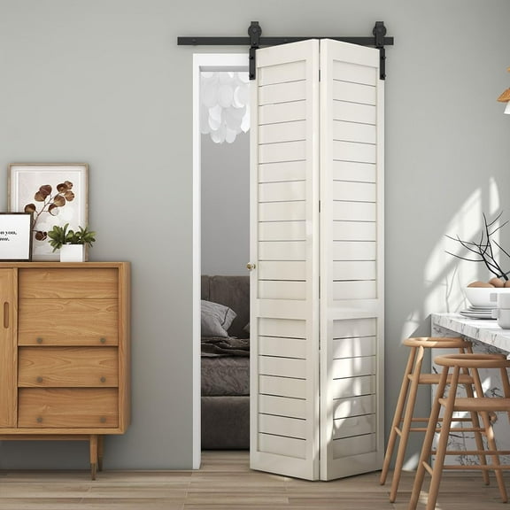 TSMST 5.5ft/66" Heavy Duty Sturdy Bifold Barn Door Hardware Kit Bi-Folding Sliding Barn Door Hardware Track Kit for 2 Doors,Easy to Assemble,Smoothly and Quietly,J Shape(No Door)