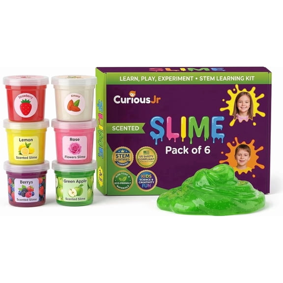 PW Kids Slime Kit 6-Pack with Moulds & Fruit Scents Birthday present for Kids 3-10 | Sensory Toys, DIY Play, Non-Toxic, Resealable Pots, 6 Fruity Scents