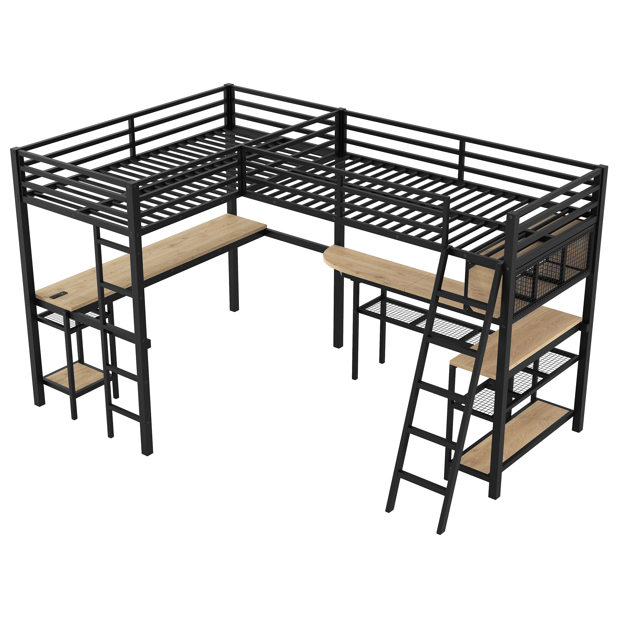 Euroco Twin L-Shaped Metal Loft Bed with Built-in Study Desk and Shelves, Gaming Bed with LED Light and USB Charging, Black