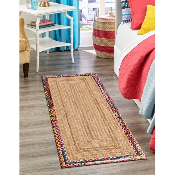 2.6x12 Ft Multi & Natural Jute Area Rug, Hand-Woven, Reversible, Farmhouse Boho Style, Durable & Pet-Friendly Rug for Living Room, Dining Room, and Bedroom