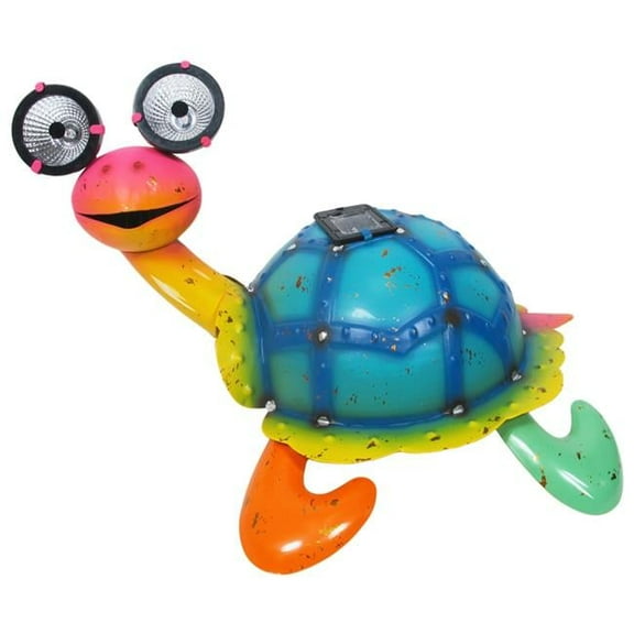 Continental Art Center 21293 Colorful Enameled Metal Turtle with Solar Eyes Statue - Multi Color