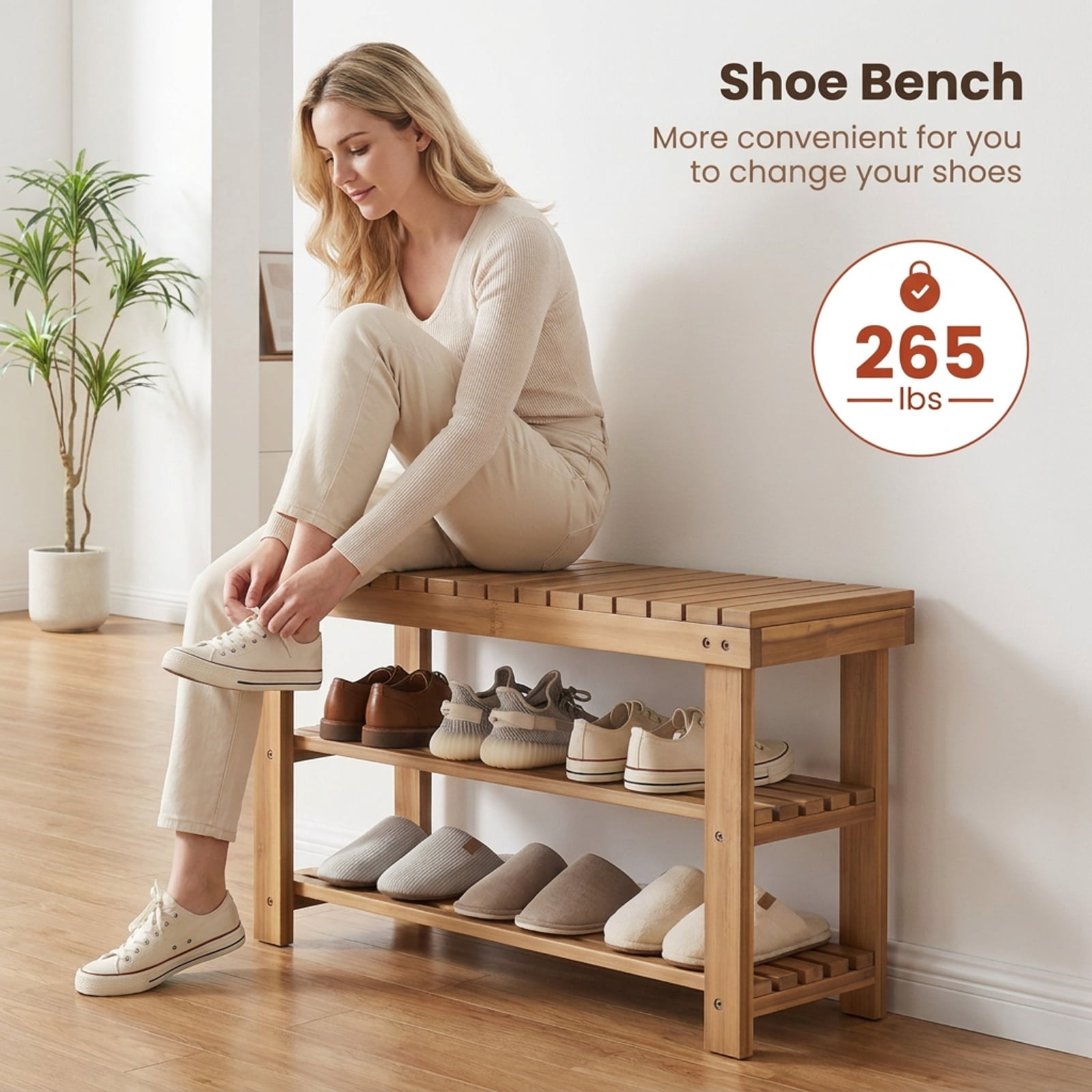 Furnibear 3 Tier Solid Wood Shoe Rack Bench with Slatted Shelves for Entryway Hallway and Living Room Shoe Storage Medium Size, Natural
