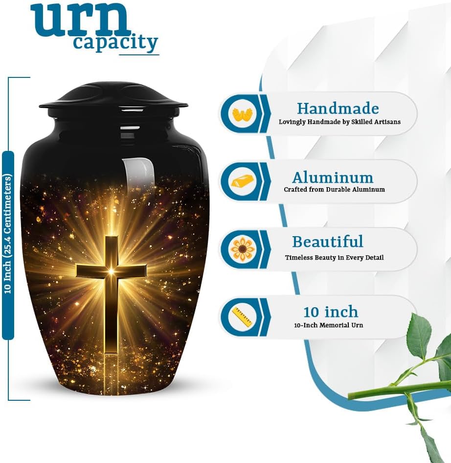 Golden Cross Cremation Urn , Large Urns For Ashes Adult Male, Decorative Memorial Urns For Ashes For Women, Funeral Urn For Adult Human Ash, Size 10 Inch 1 Pcs