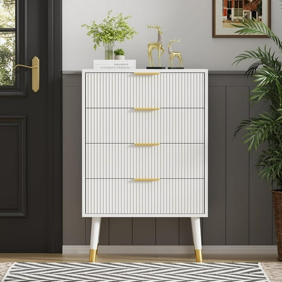 4 Drawer Dresser for Bedroom, Modern Closet Dressers Chest of Drawers, Storage Dresser Chest Cabinet Organizer Unit, Small Fluted Nightstand for Bedroom