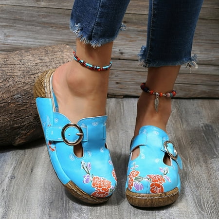 

Women Folk-Custom Color Block Hollow-out Manual Flower Printing Splice Color Flat Heel Sandals Shoes