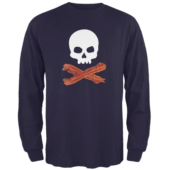 Bacon Skull And Crossbones Navy Adult Long Sleeve T-Shirt - Medium