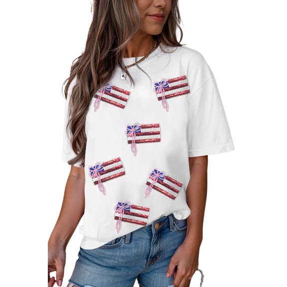 Women's White Sequin Bow T-Shirt with American Flag Patches | [ZhiHiMeRi] | (US 20-22)2XL