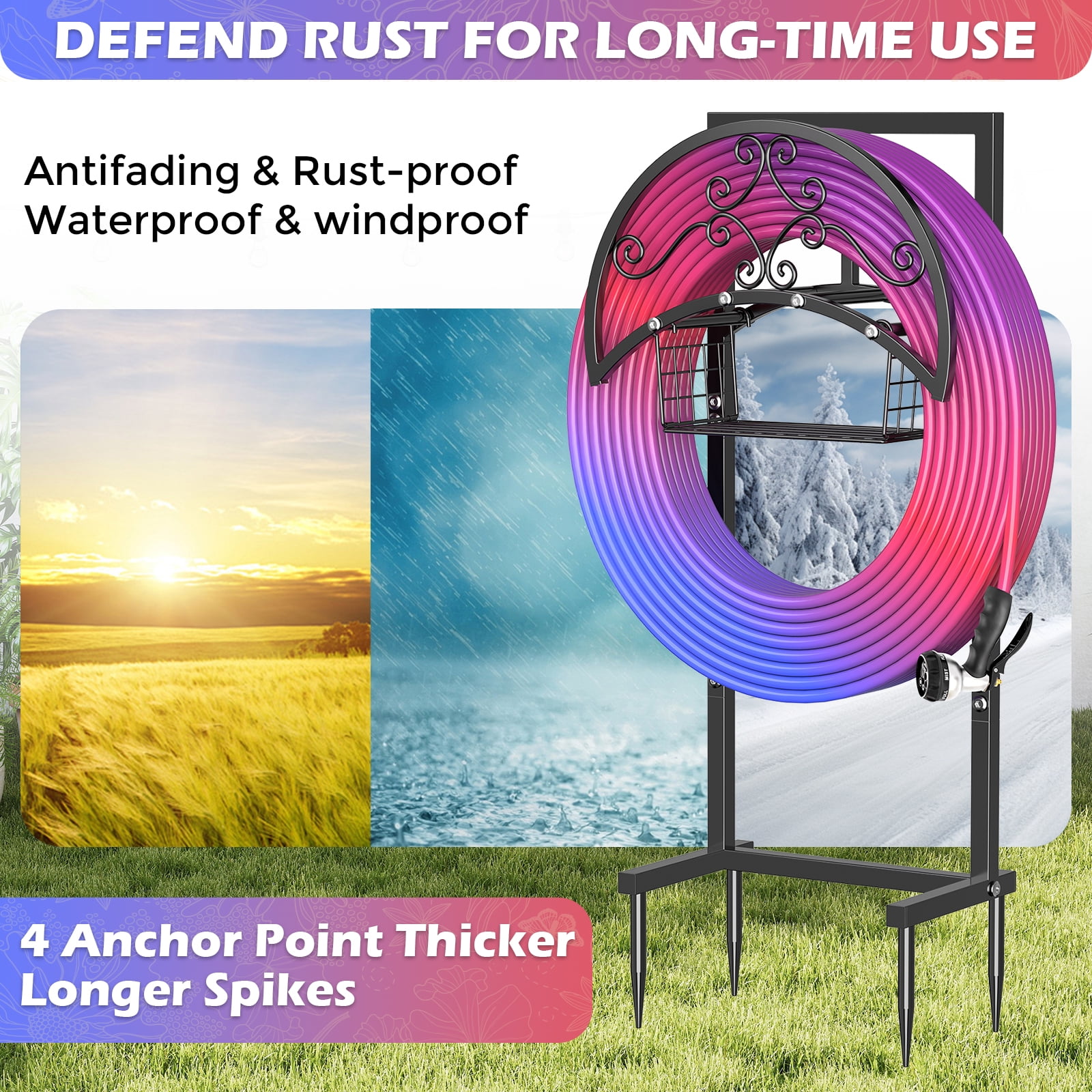 OLV Garden Hose Holder Freestanding Water Hose Heavy Duty Metal Reel Hanger,Holds 150ft Hose,Storage Basket