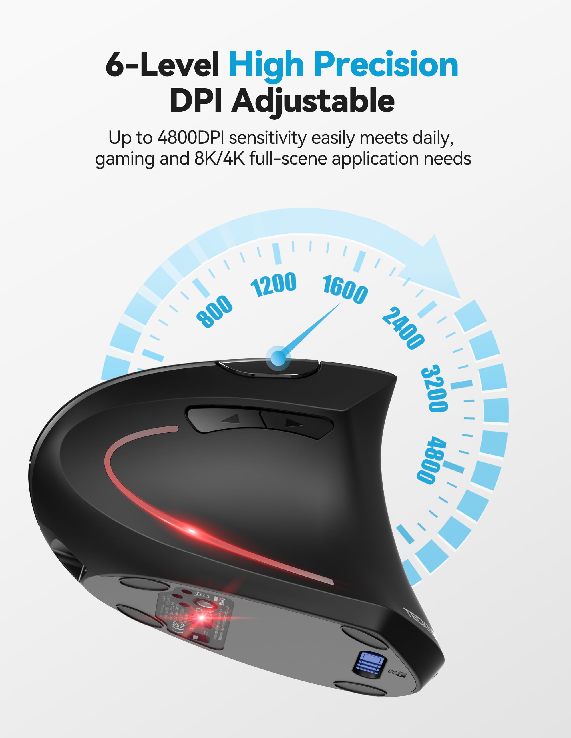 TECKNET Ergonomic Mouse, Rechargeable 2.4G+Bluetooth Vertical Mice 6 DPI Adjustable, Wireless Optical Carpal Tunnel Mouse Right Hand, Multi Device for Laptop, PC, Computer, MacBook, iPad - Black