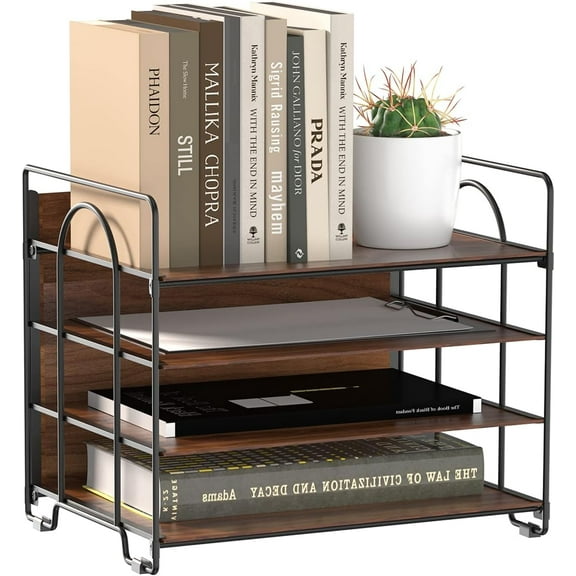 4 Tier Paper Organizer for Desk - Wood Desk Organizer, Metal Paper Tray Organizer for Desk, File Organizer Paper Tray for Office Home School, Black
