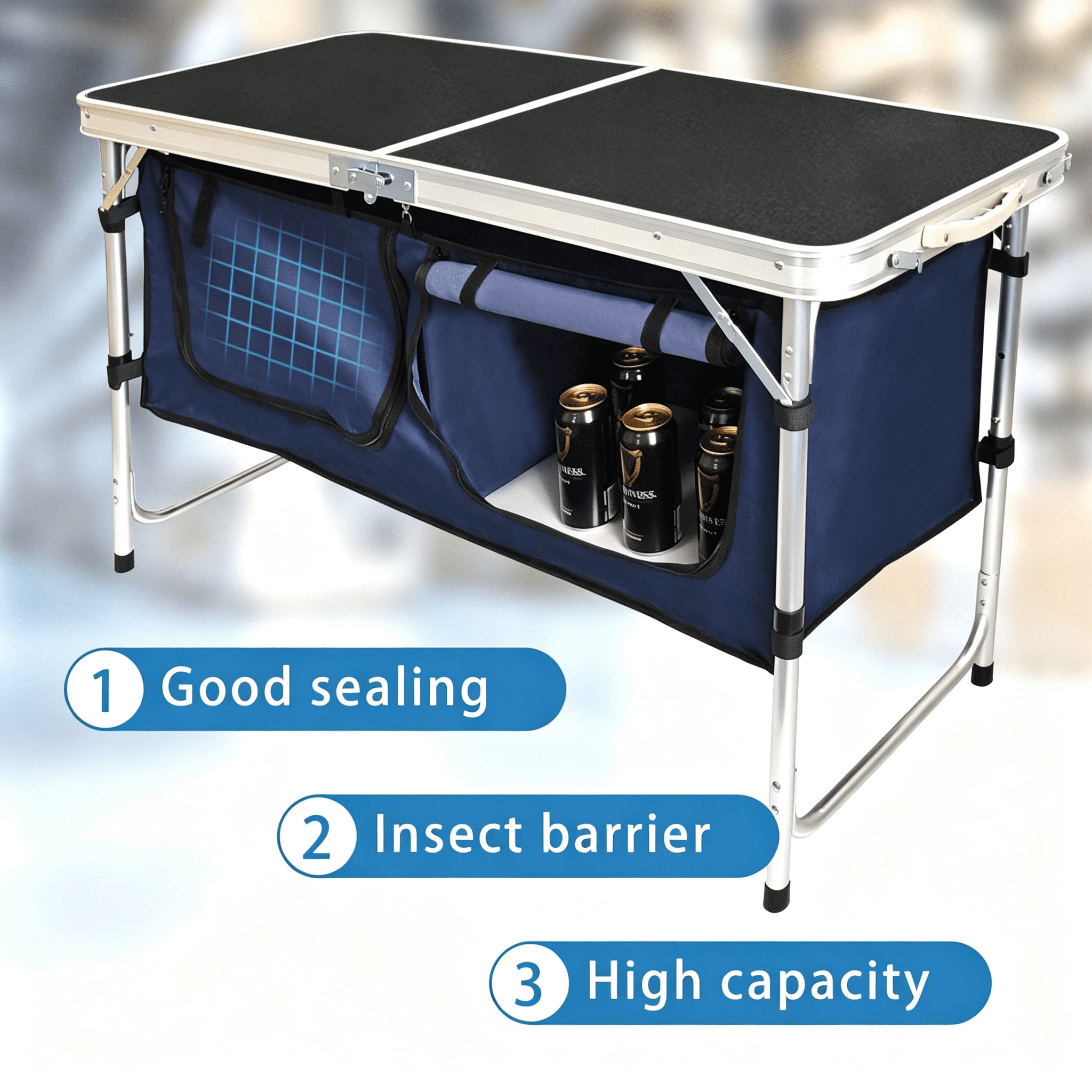 3 Height Adjustable Folding Camping Table with 2 Detachable Storage Bags, Aluminum Frame Density Board Portable Outdoor Picnic Table, 66LBS Capacity for Car Camping BBQ Indoor Party