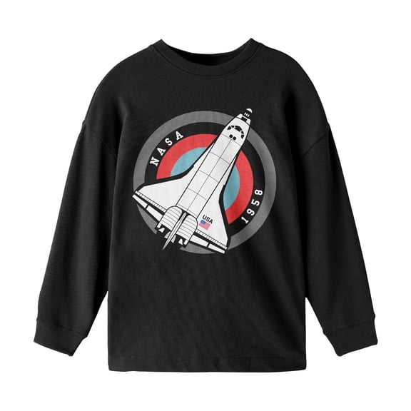 NASA Space Shuttle 1958 Youth Black Long Sleeve Shirt-XL