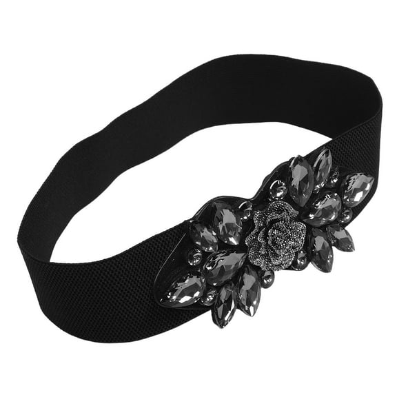 OUNONA Wide Rhinestone Waist Belt Black PU Elastic for Dresses Comfortable Fit