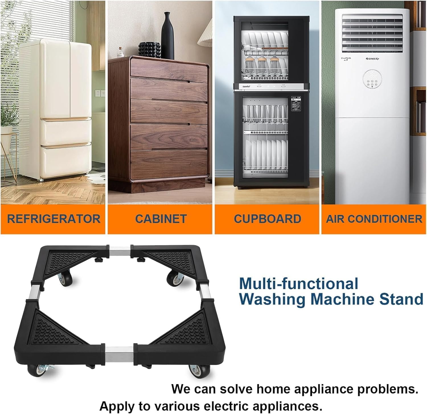 Mini Fridge Stand with 4 Locking Wheels 16.9"-25.6" Adjustable Dolly Base for Furniture Portable Refrigerator Stand（Black）