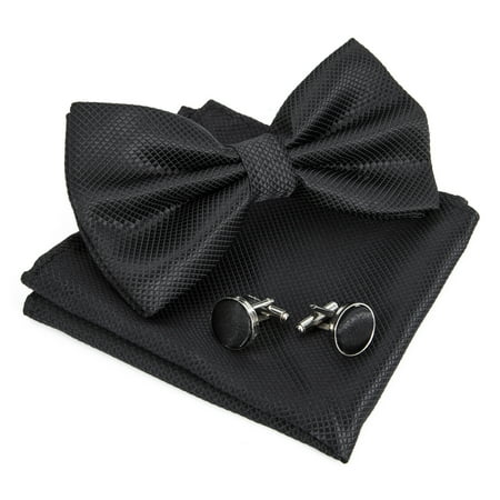 LELINTA Mens Plaid Pocket Square Set Self-tied Bow Necktie Cufflinks and Handkerchief, Black