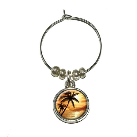 Orange Beach Sunset - Ocean Palm Tree Vacation Paradise Wine Glass Charm
