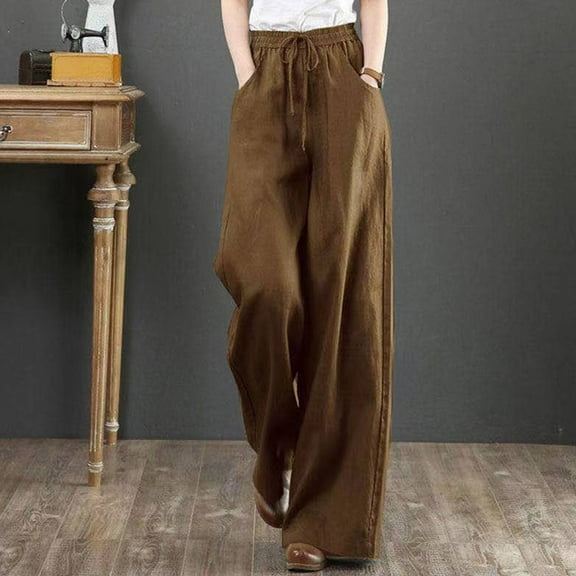 Fanxing Womens Linen Palazzo Pants Plus Size Smocked High Waist Wide Leg Palazzo Beach Lounge Pants Trousers with Pockets S,M,L,XL,XXL,XXXL,XXXXL