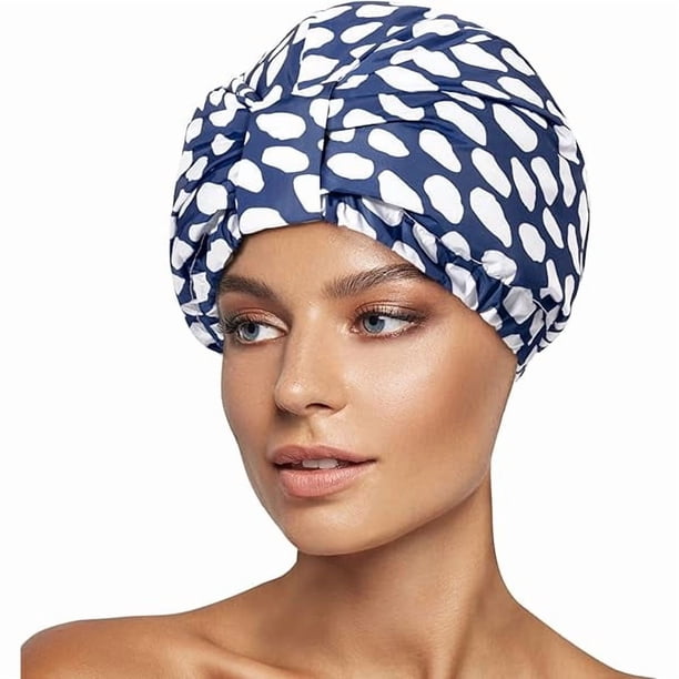 wonima11 Luxury Shower Cap for Women Reusable Waterproof, Double Layered Shower Hair Cap with Adjustable Elastic Strap, Large Satin Lined Shower Bath Cap for Long Curly Straight Hair, Blue