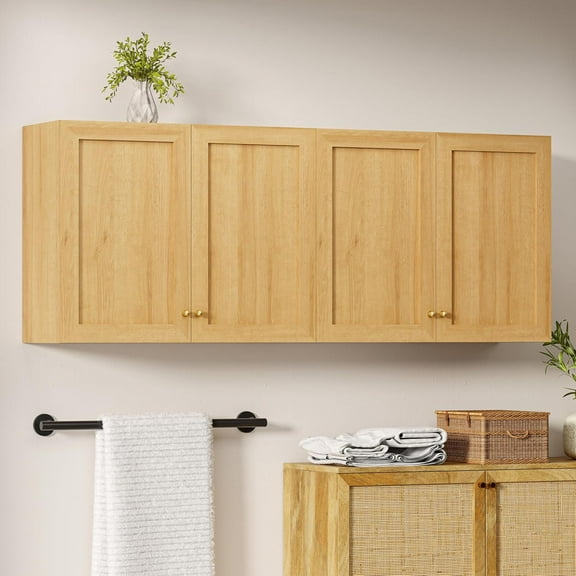 Laundry Wall Cabinets Set of 2, Farmhouse Wood Storage Cabinet with Doors and Adjustable Shelf Wall Mounted Cabinets for Kitchen Dining Room Living Room, Natural Oak