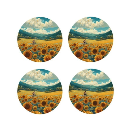 

Fuzoiu Field Style Bicycle Young Sunflower Print Leather Coasters Set Drink Coasters Set of 4 for Tabletop Protection Durable PVC Coasters Home Décor and Housewarming Gift-Round Shape