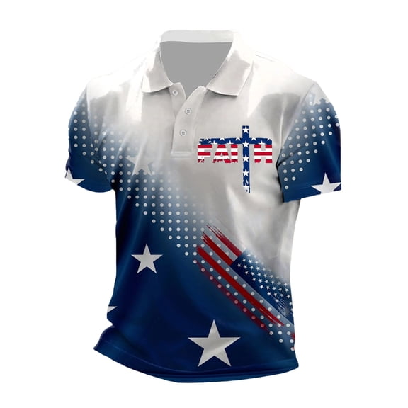 IWRICH Men's US Flag Printed Plus Size Polo Shirts Slim Fit Button up T Shirts Short Sleeve Casual Trendy Summer Tees Blue XL