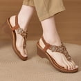 thumbnail image 3 of Womens Wedge Sandals Heeled Flip Flops Bohemian Beaded Elastic Ankle Strap Comfortable Footbed Beach Shoes Brown Size 6.5, 3 of 6