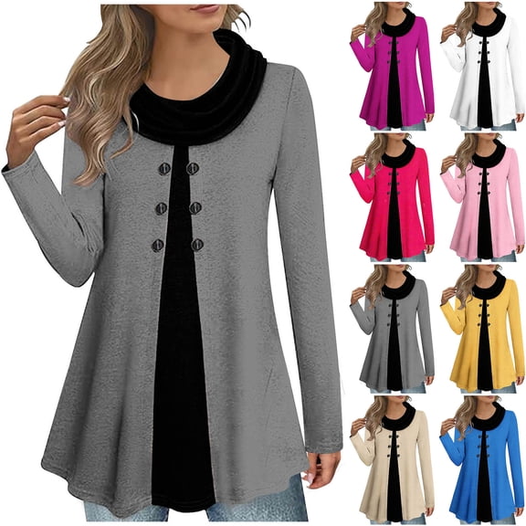 Ovafbau Women Plus Size Long Sleeve Hoodless Sweatshirts Womens Faux Layered Mock Neck Long Sleeve Button Front Tunic Fall Winter Outfits