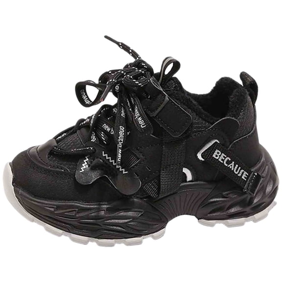 Toddler Boys Kids Running Shoes Winter Warm Platform Slip On Sneakers Comfortable Fleece Lined Lace Up Casual Shoes Black Size 3.5 Big Kids