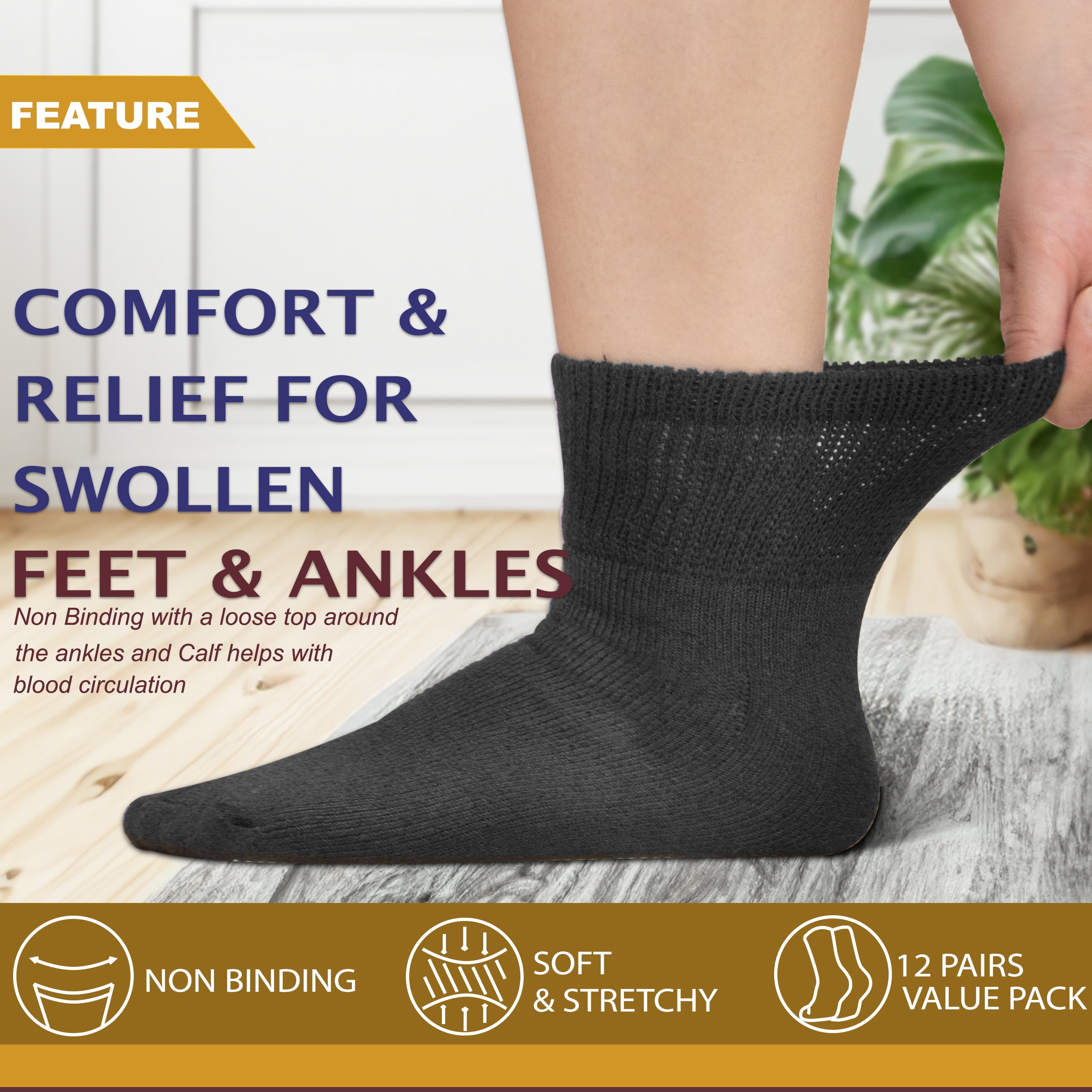 NevEND 12 Pairs Cotton Diabetic Socks Ankle for Men and Women - Non-Binding Extra Wide Neuropathy Socks Black X-Large