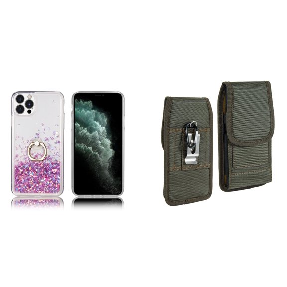 Waterfall Liquid Glitter Stand Case and Belt Holster Pouch for iPhone 14 Pro (Pink Purple/Green)