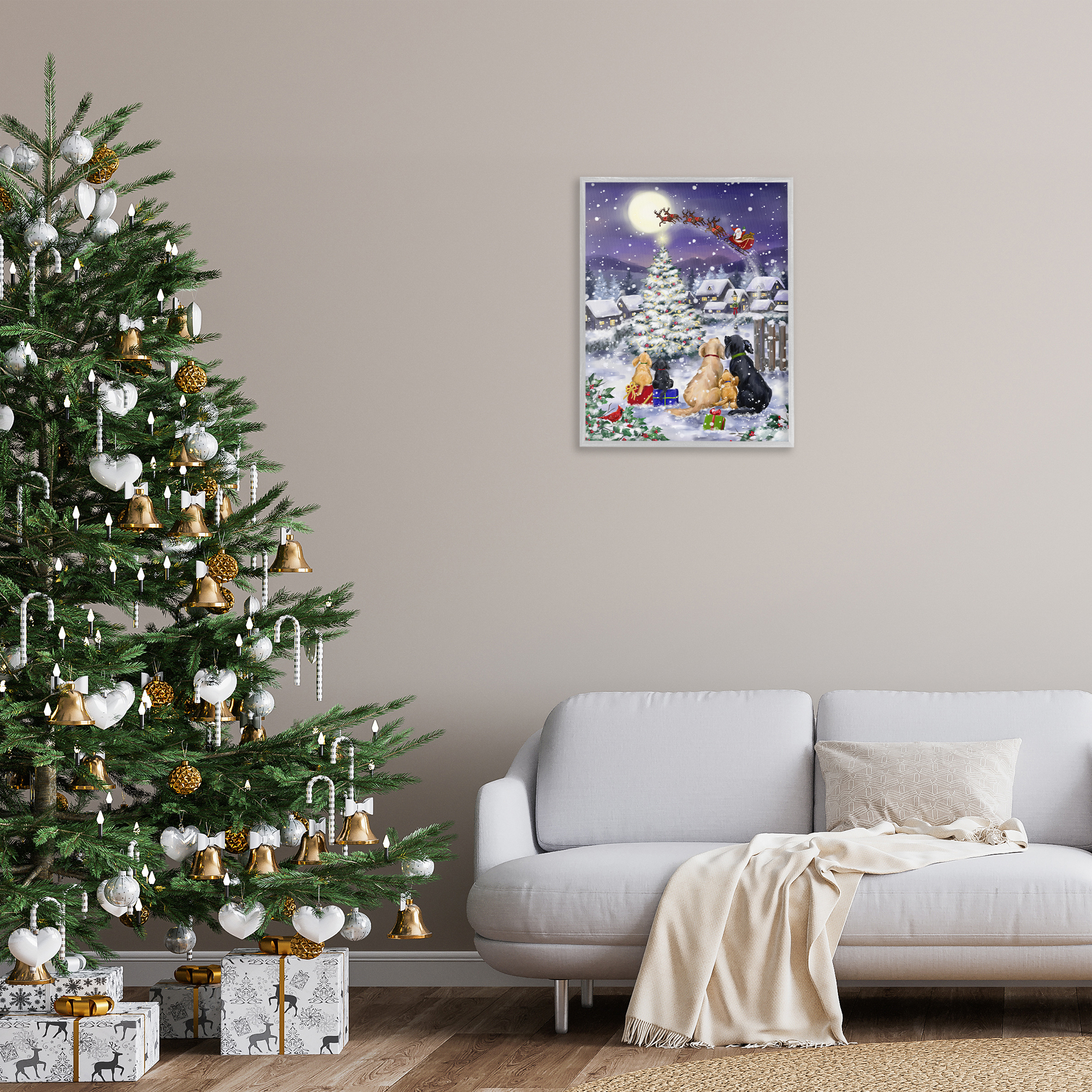 Stupell Industries Dogs Watching Sleigh Holiday Painting Gray Framed Art Print Wall Art, 24 x 30