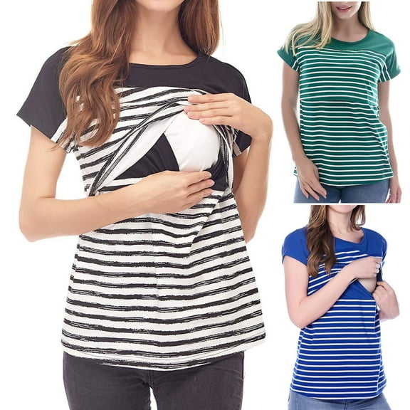 Tejiojio Maternity/Labor/Nursing Clothing Clearance Maternity O-Neck StripeShort Sleeve Breast-Feeding Pregnant Woman Nursing Blouse