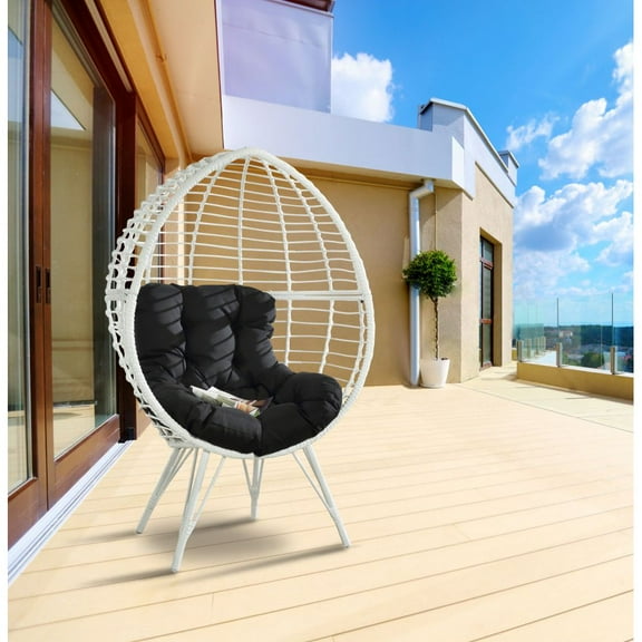 Galzed Black Fabric & White Wicker Patio Lounge Chair