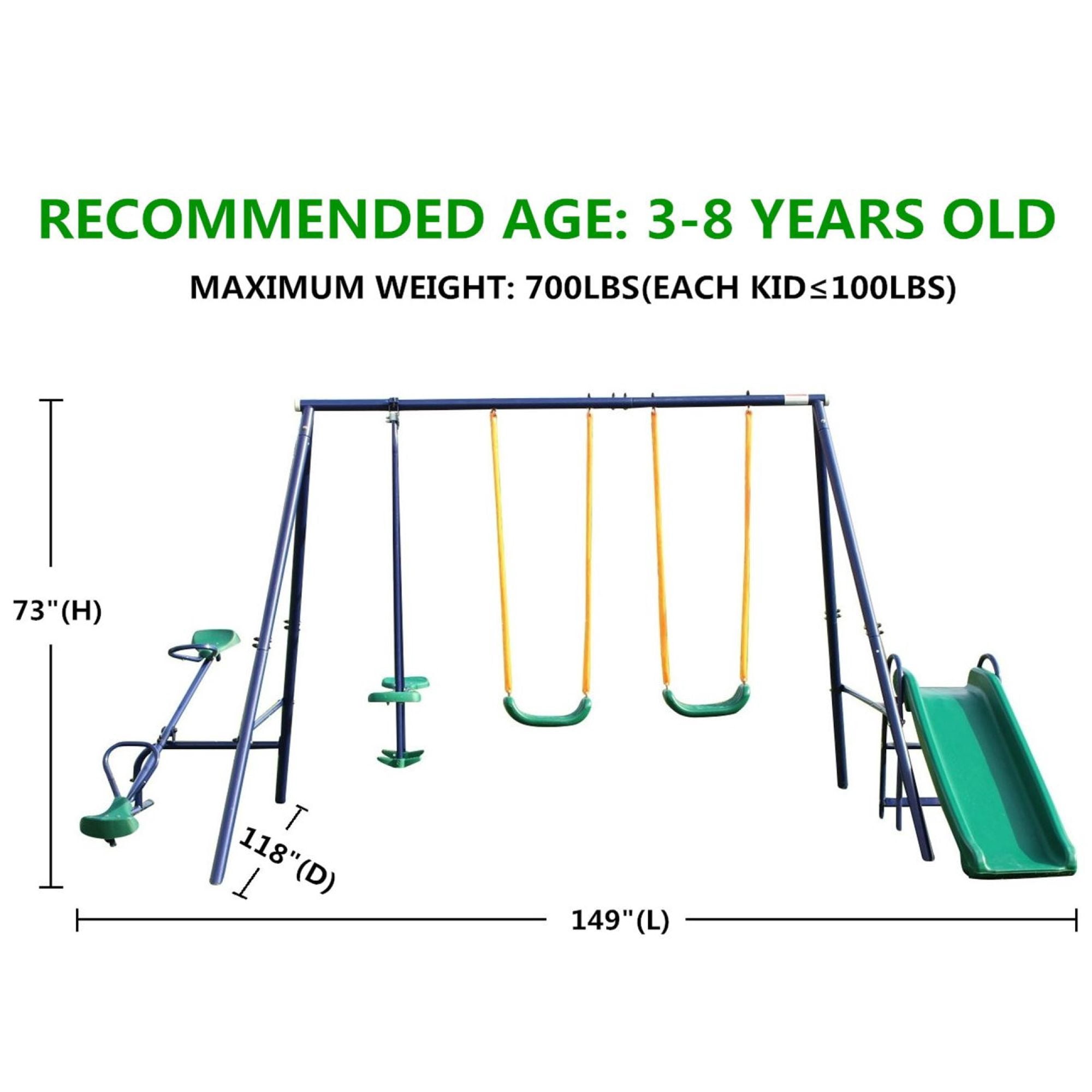 4 in 1 Swing Set for Outside, Heavy Duty A-Frame Metal Swing Set with Seesaw, Belt Swing, Slide, Glider for Playground, Backyard Playset