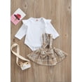 thumbnail image 2 of TSEXIEFOOFU Baby Girl's Two-Piece Suit, Ruffle Long Sleeve Round Neck Romper + Plaid Pattern Bowknot Suspender Skirt, 2 of 9