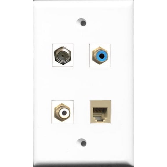 RiteAV 1 Port RCA White and 1 Port RCA Blue and 1 Port Coax Cable TV- F-Type and 1 Port Phone RJ11 RJ12 Beige Wall Plate