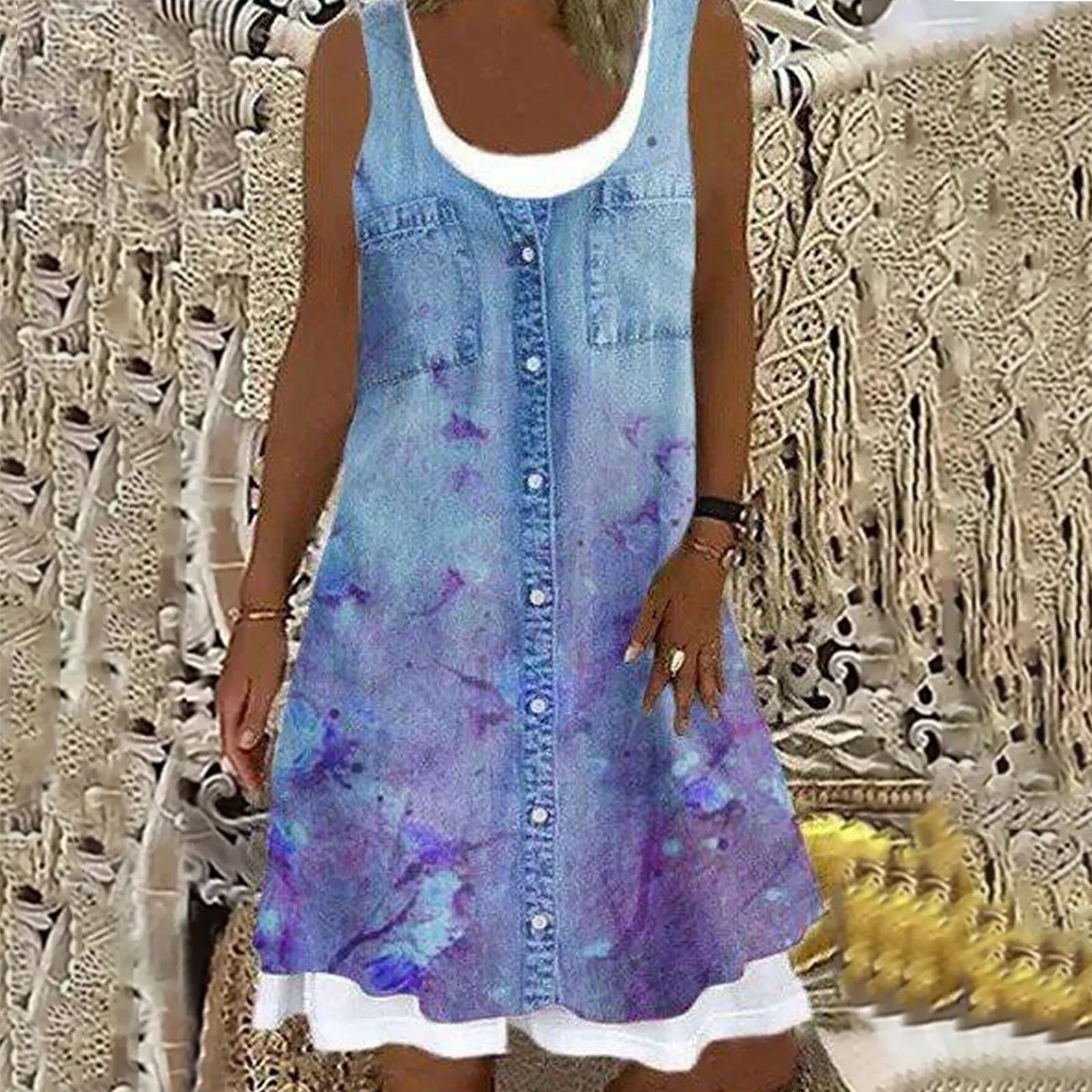 yoeyez Jean Dresses for Women 2024 Casual Splicing Flower Print Pocket ...