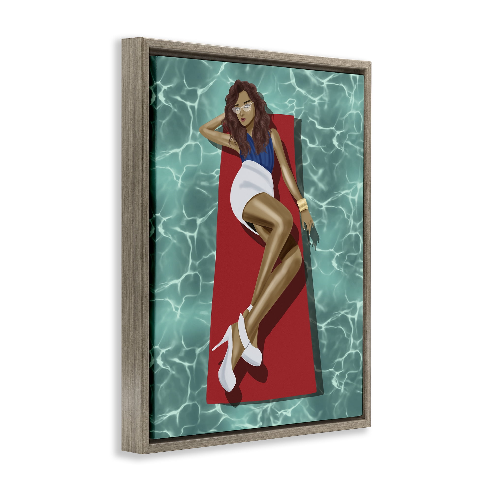 Stupell Industries Lounging on Pool Raft People Painting Brown Floater Framed Canvas Art Print Wall Art, 17 x 21
