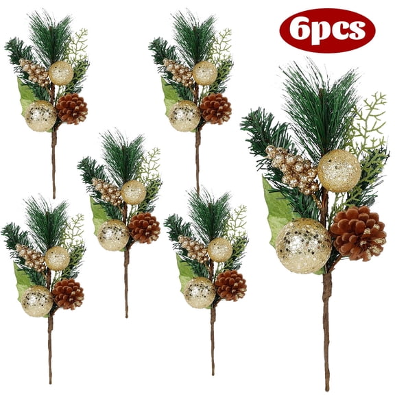 Christmas Faux Picks Sprigs Gold Globe Ornaments Pine Cone Green Poinsettia Leaf Mini Gold Balls 12" 6 Pack